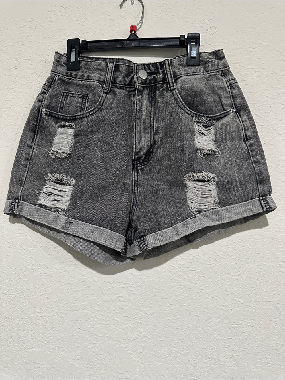 SHEIN Washed Black Distressed Rolled-Hem Jean Shorts